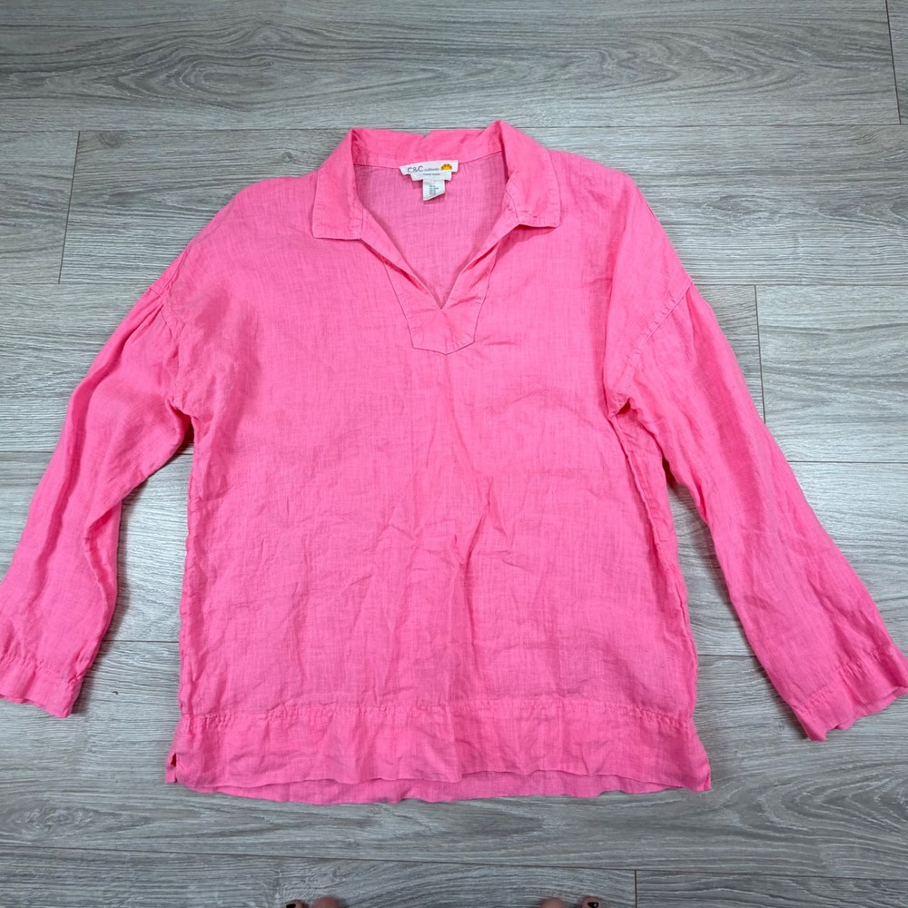 C&C California Womens Hot Pink 100%‎ Linen Long Sleeve Tunic Top Size M Relaxed